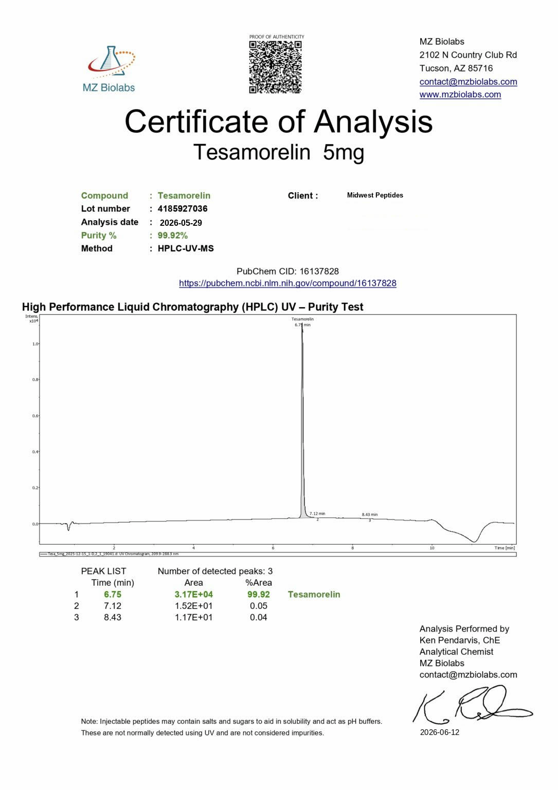 Tesamorelin 5mg certificate of analysis