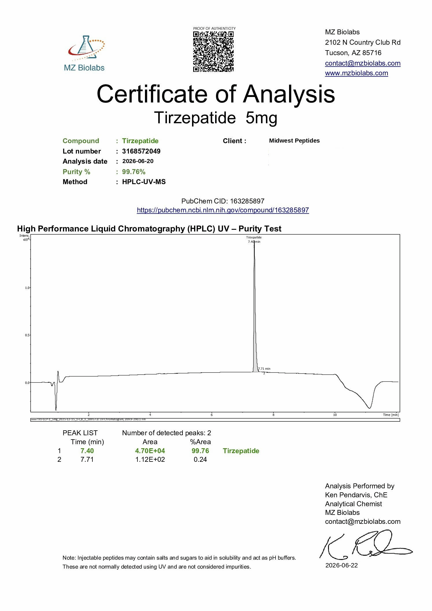 Tirzepatide 5mg certificate of analysis